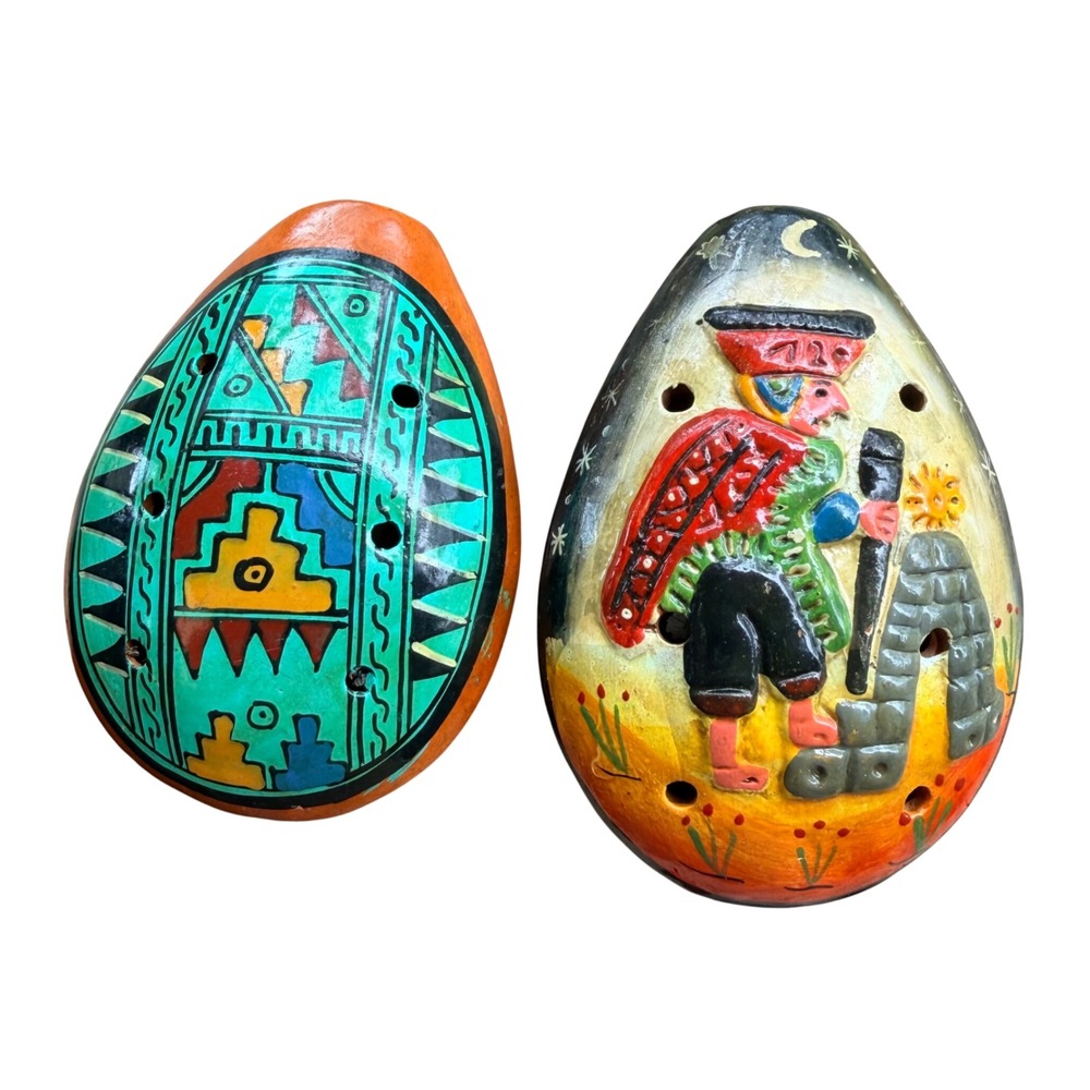 Vintage‎ Peruvian Ocarina Set Hand Painted Clay Flute Andean Folk Art Pottery